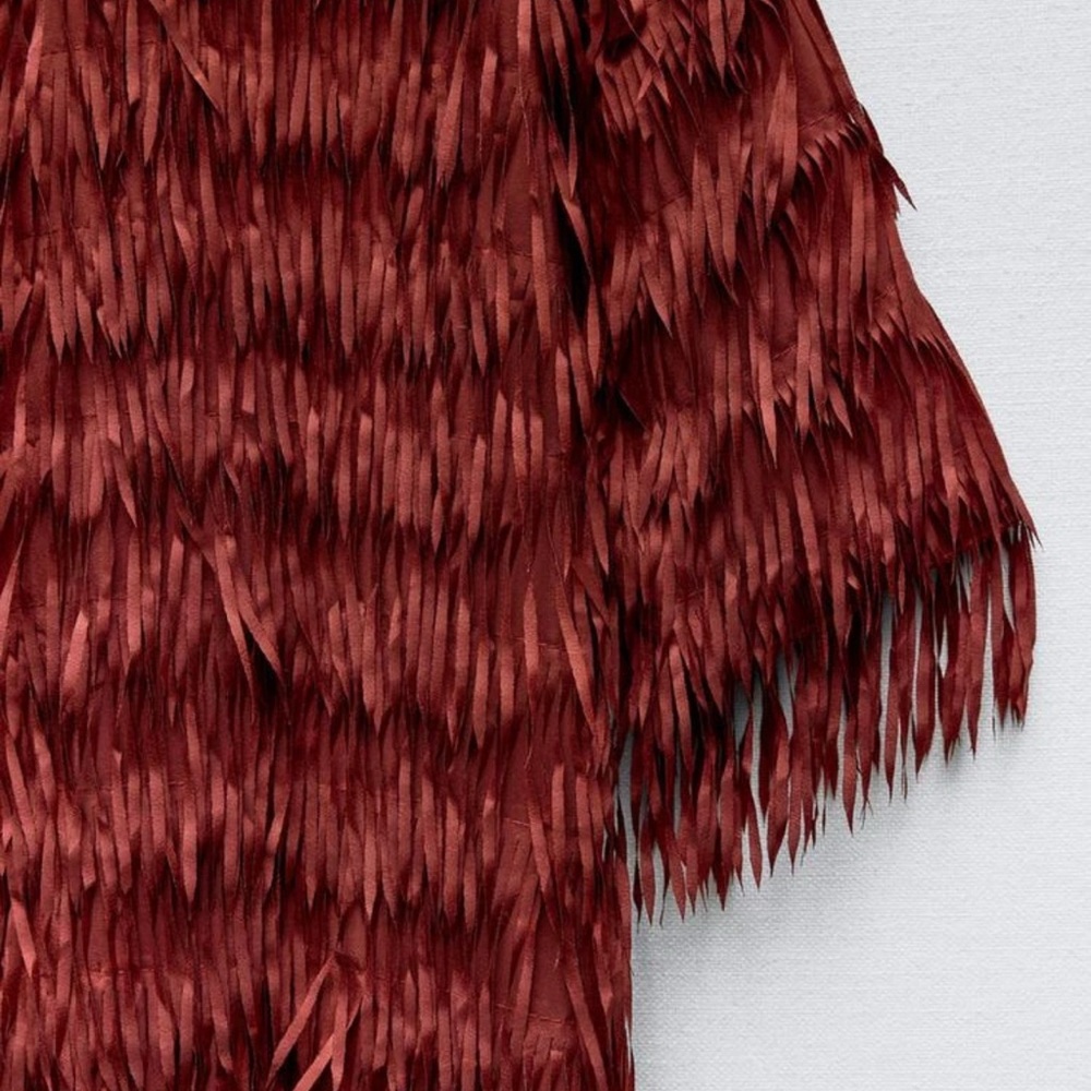 Zara Rust Red Textured Fringe Long Cape Coat - Picture 4 of 9